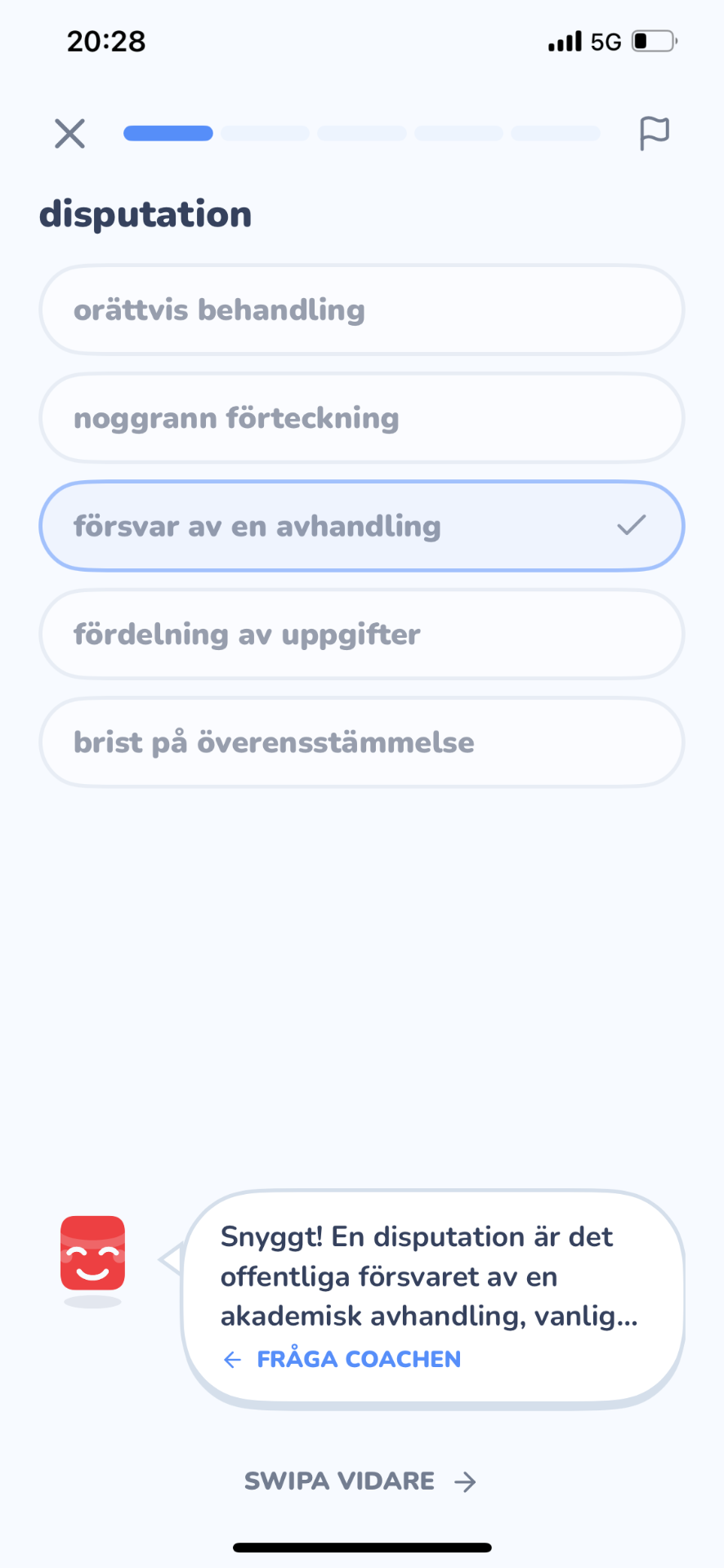 Skärmdump från HPToppen: AI-coachen Toppen ger direkt och uppmuntrande feedback efter en högskoleprovsfråga