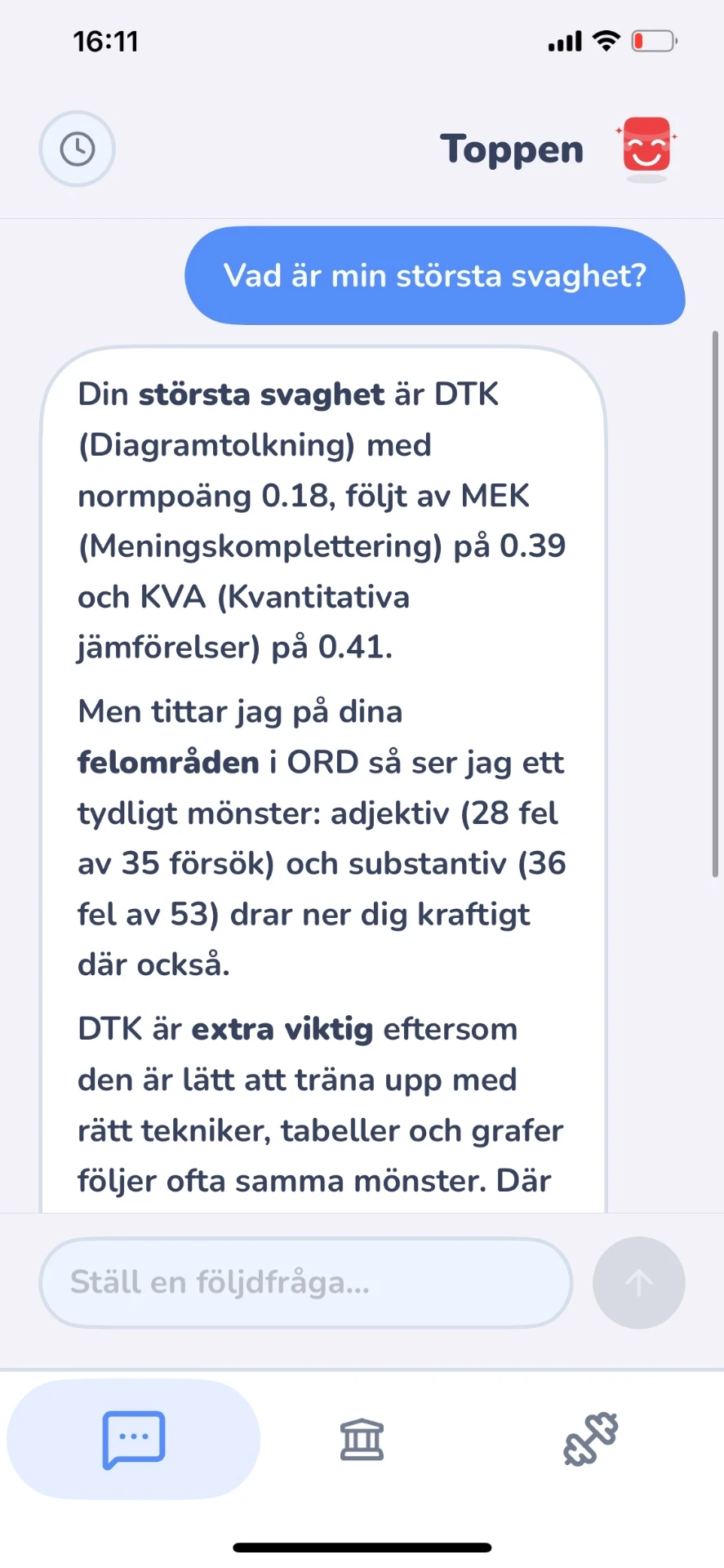 Skärmdump från HPToppen: AI-coachen Toppen ger tydlig och personlig feedback när du pluggar till högskoleprovet